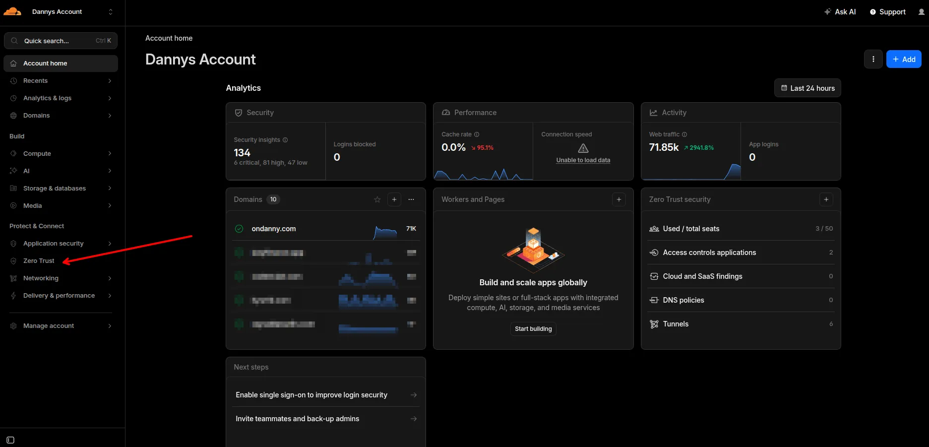 Where to find the Zero-Trust button on Cloudflare’s sidebar