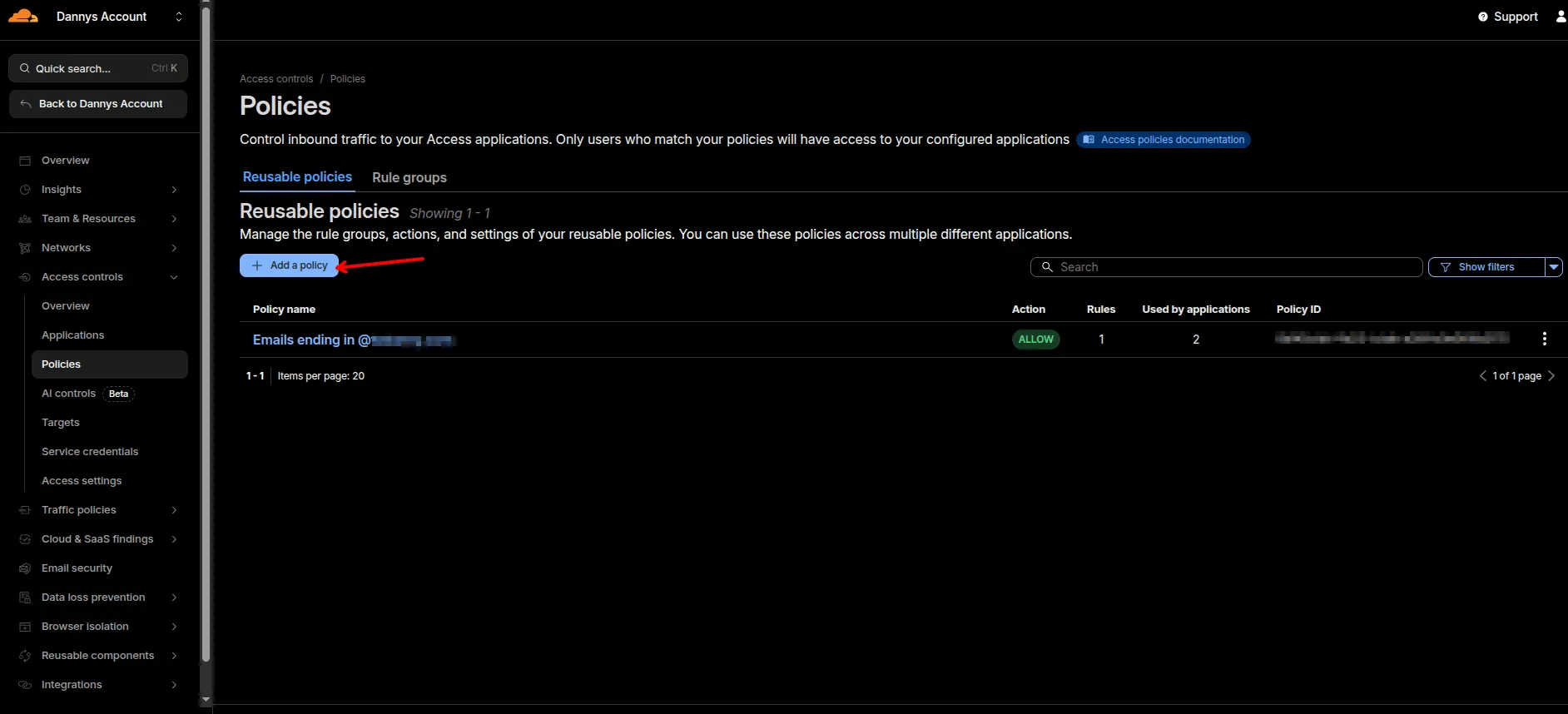 Where to find the add a policy button on the policies page