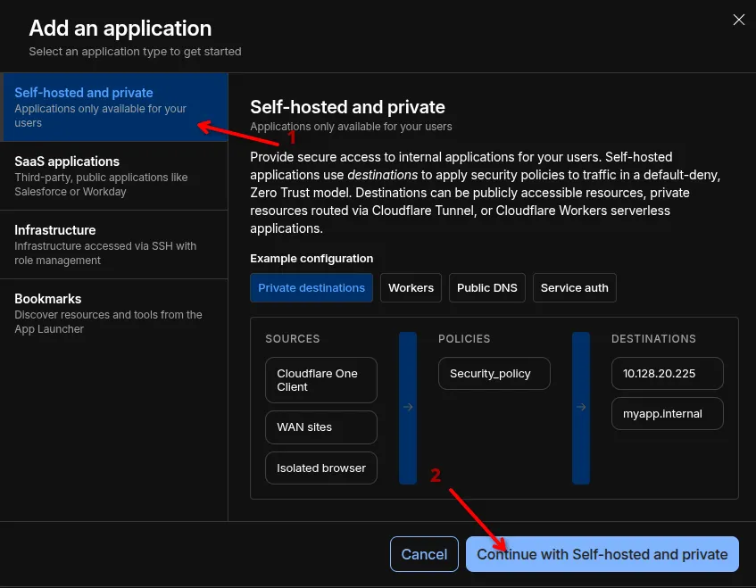 Selecting self-hosted and private option