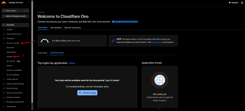 Where to find the policies page button on Cloudflare's sidebar