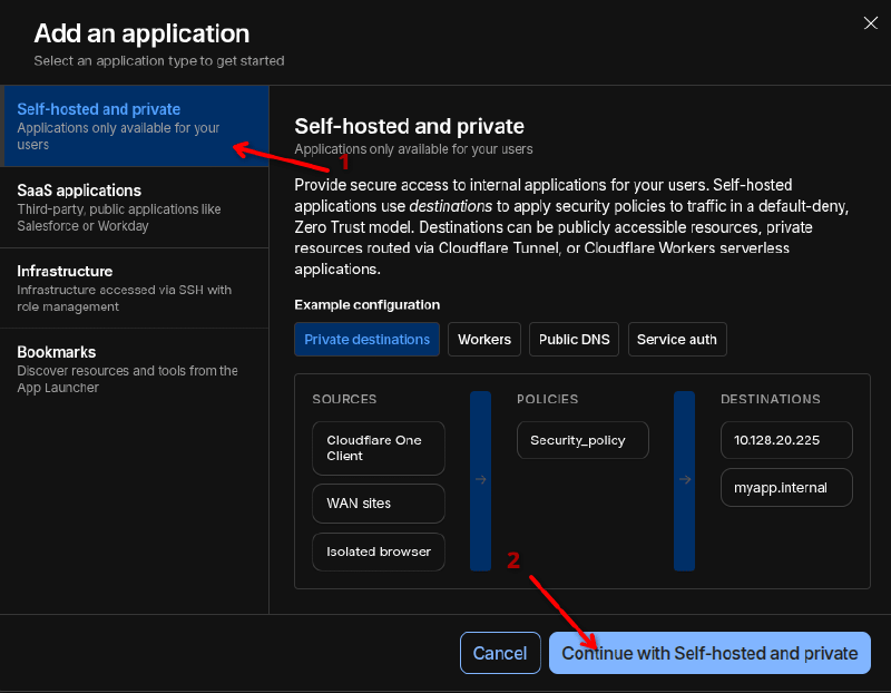 Selecting self-hosted and private option